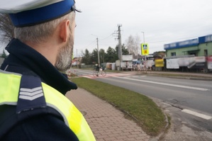 Na zdjęciu widzimy policjanta w rejonie przejścia dla pieszych